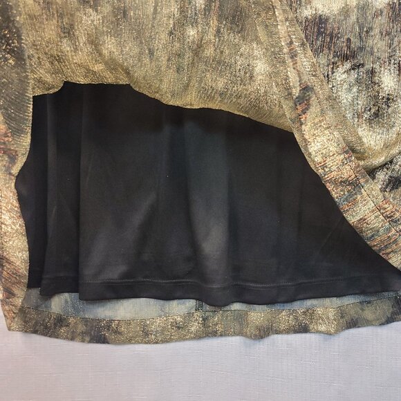 Chicos Lined Shimmer V-Neck Dress Large Metallic Gold Sheer Bracelet Sleeves - Picture 4 of 10